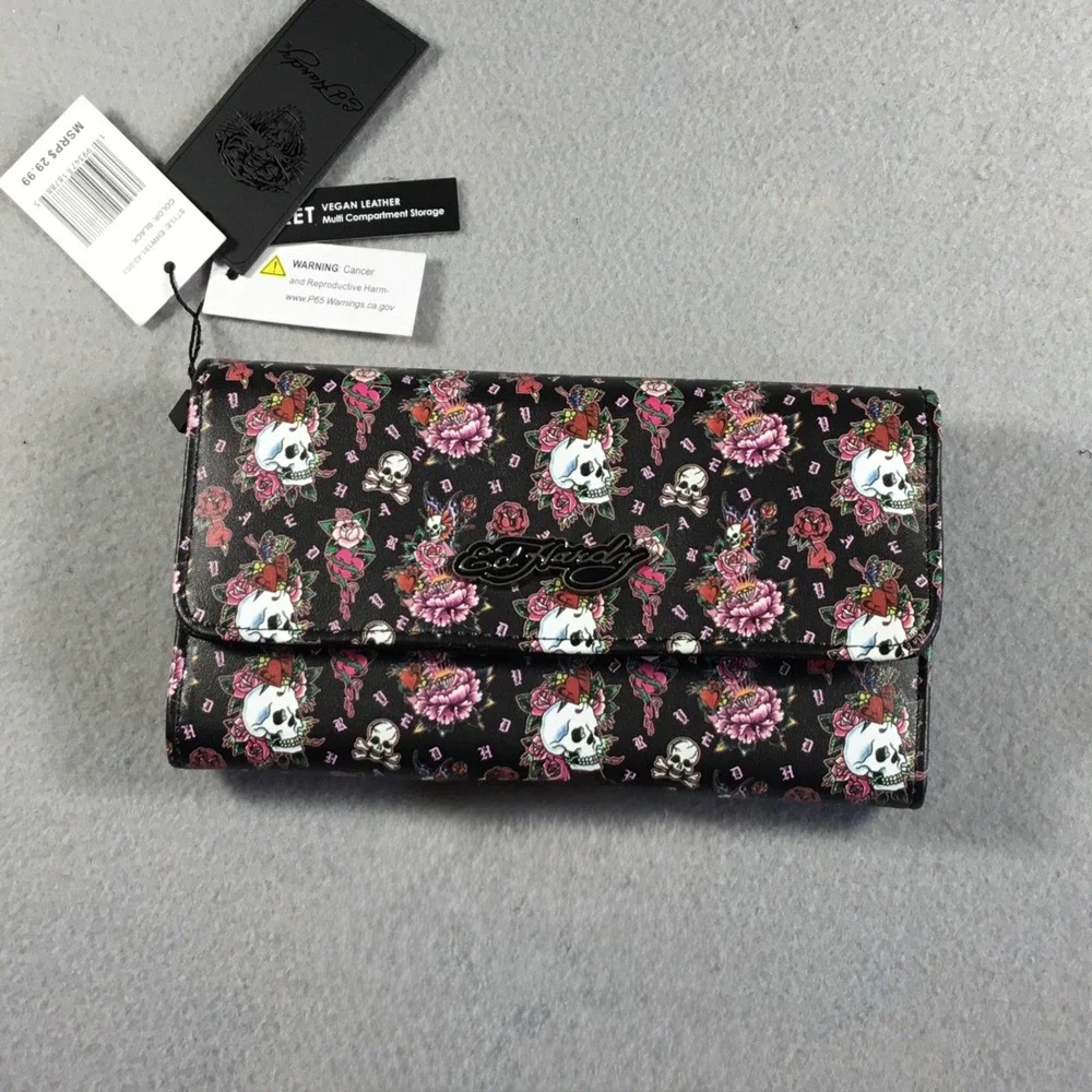 Ed Hardy Blk Skull Rose Tattoo Print Vegan Leather Tri-Fold Wallet EHW191-42-003